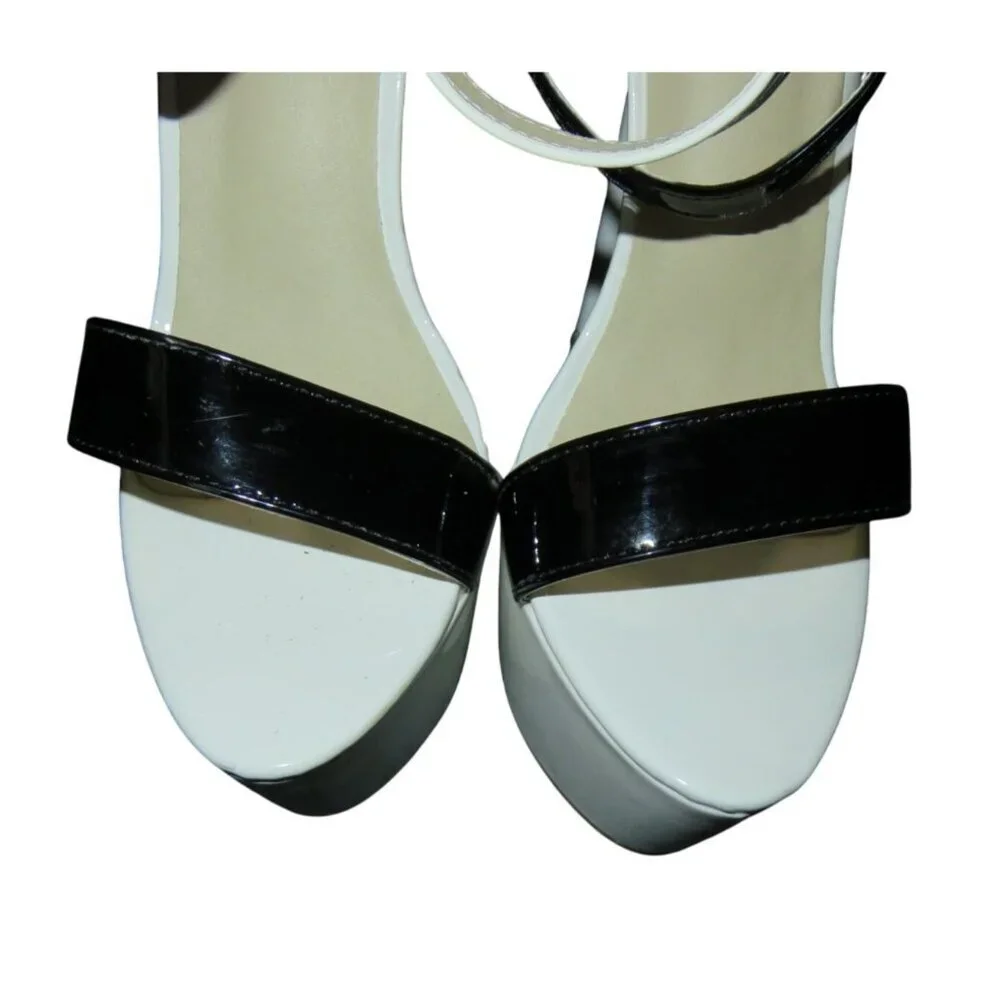 LEBE Ultra high White & Black vegan patent leather strappy stilettos 38 or US 8